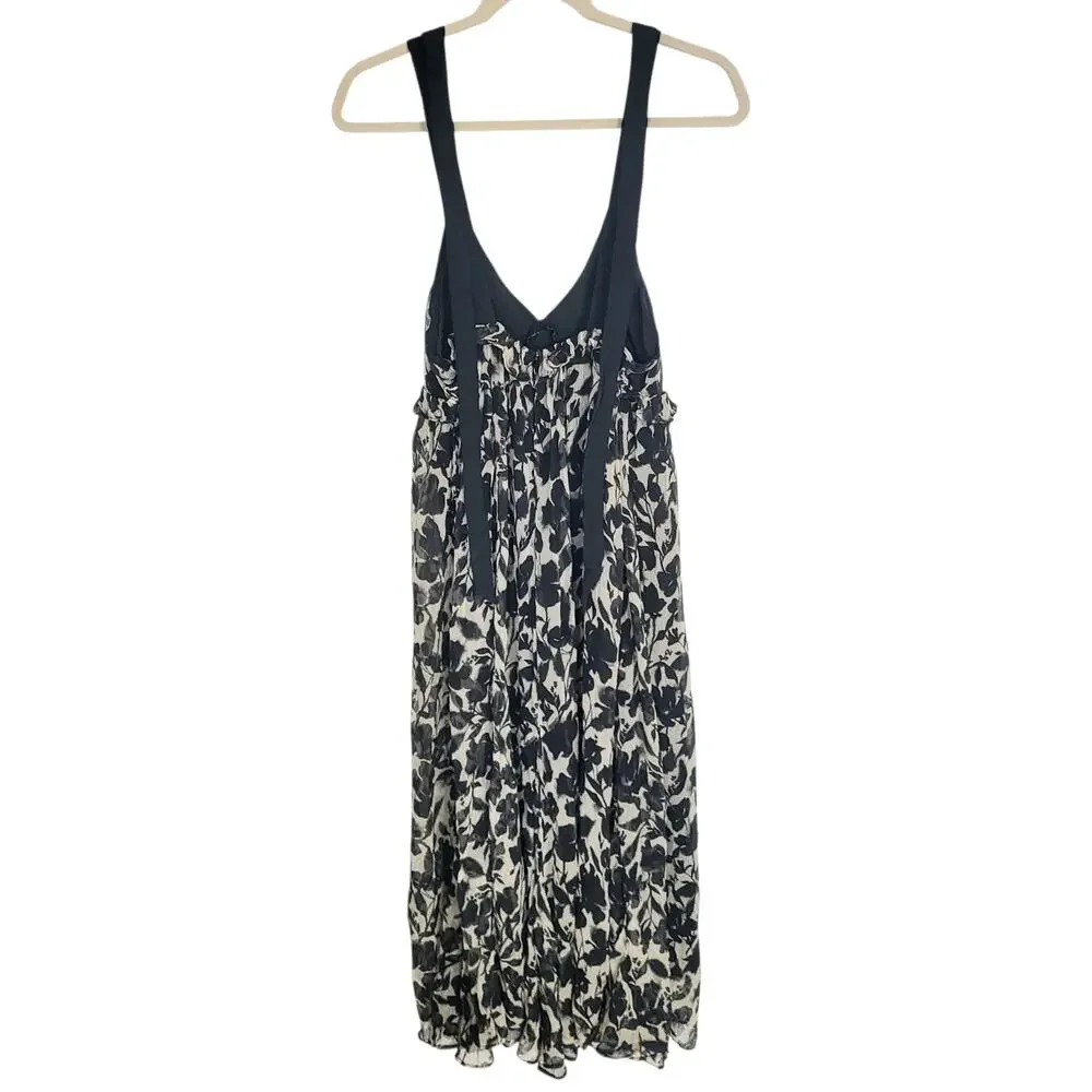 J Crew Collection Ruffle Trim Chiffon Midi Dress Black Tan V Neck Straps Small 4